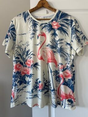 Chaos Monkey Flamingo Tee Sz 4XL w MEASUREMENTS Cream, Pink, Blue